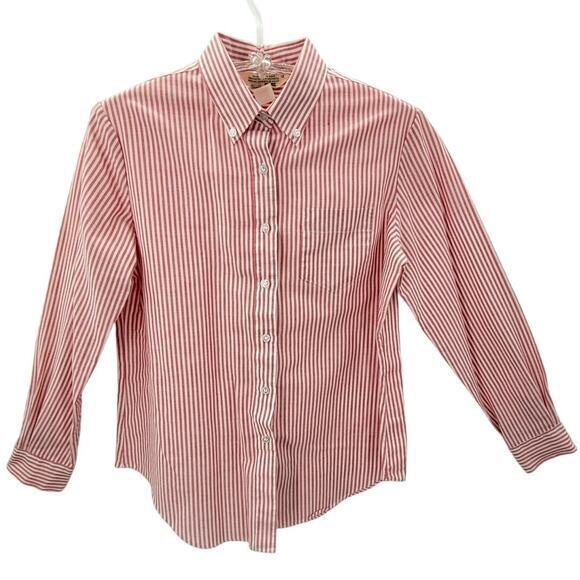 Sears Vintage 80s Red Stripe Long Sleeve‎ Button Up Academia Oxford Blouse Top - Picture 1 of 12